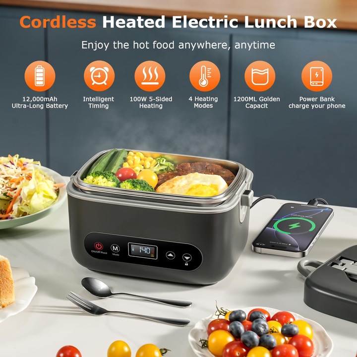 1.2L Electric Lunch Box 12000mAh Rechargeable Portable Food Warmer with 5 Heating Sides for Office, Truck, and Outdoor Use